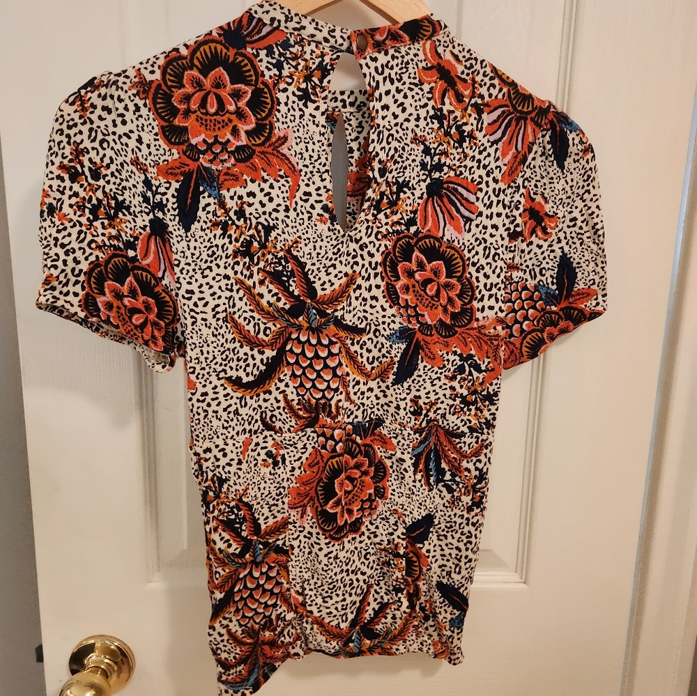 Free People Keyhole Top - Unique Flower Print On Animal Print Background